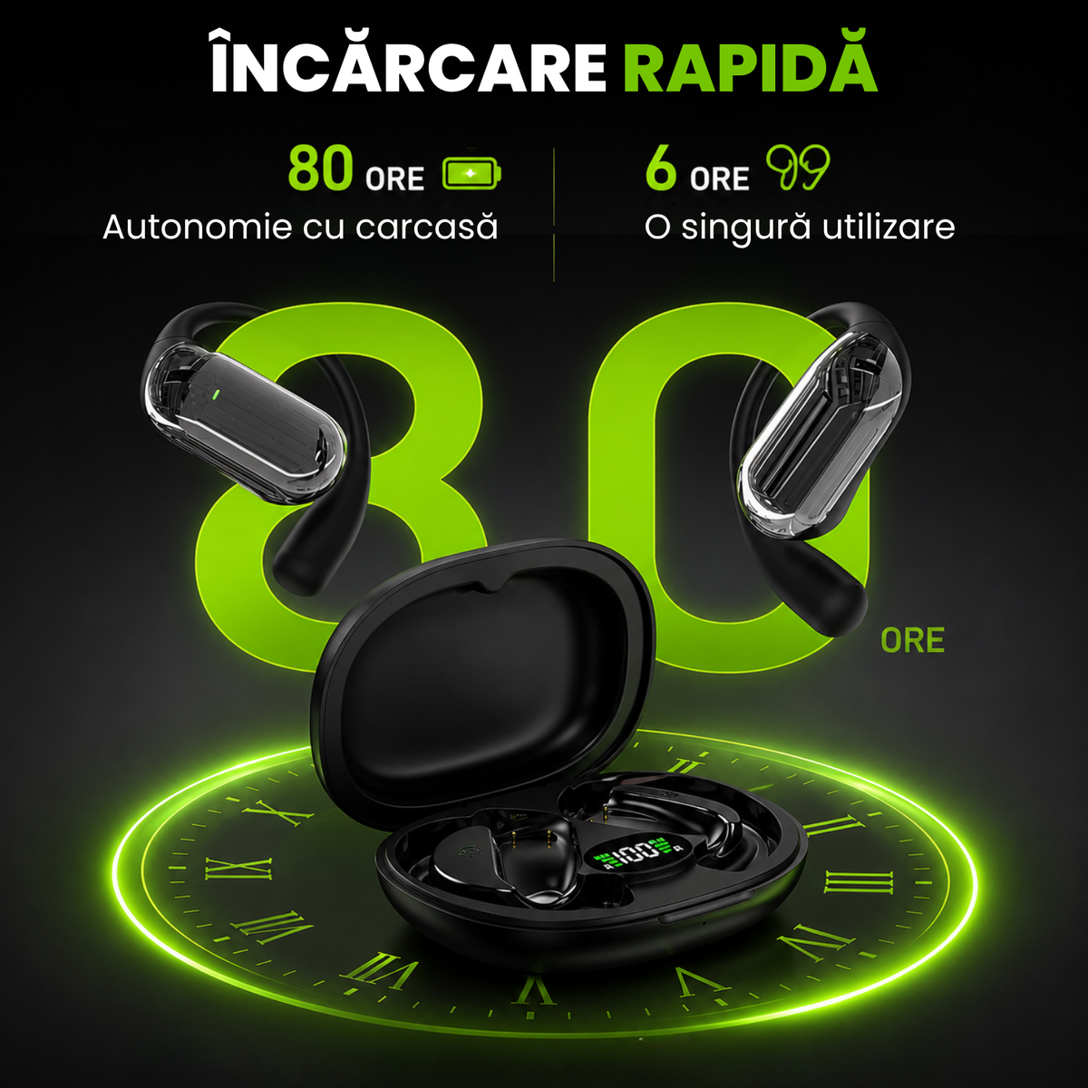 Căști open-ear cu traducere AI în 144 de limbi, display LED, Negru