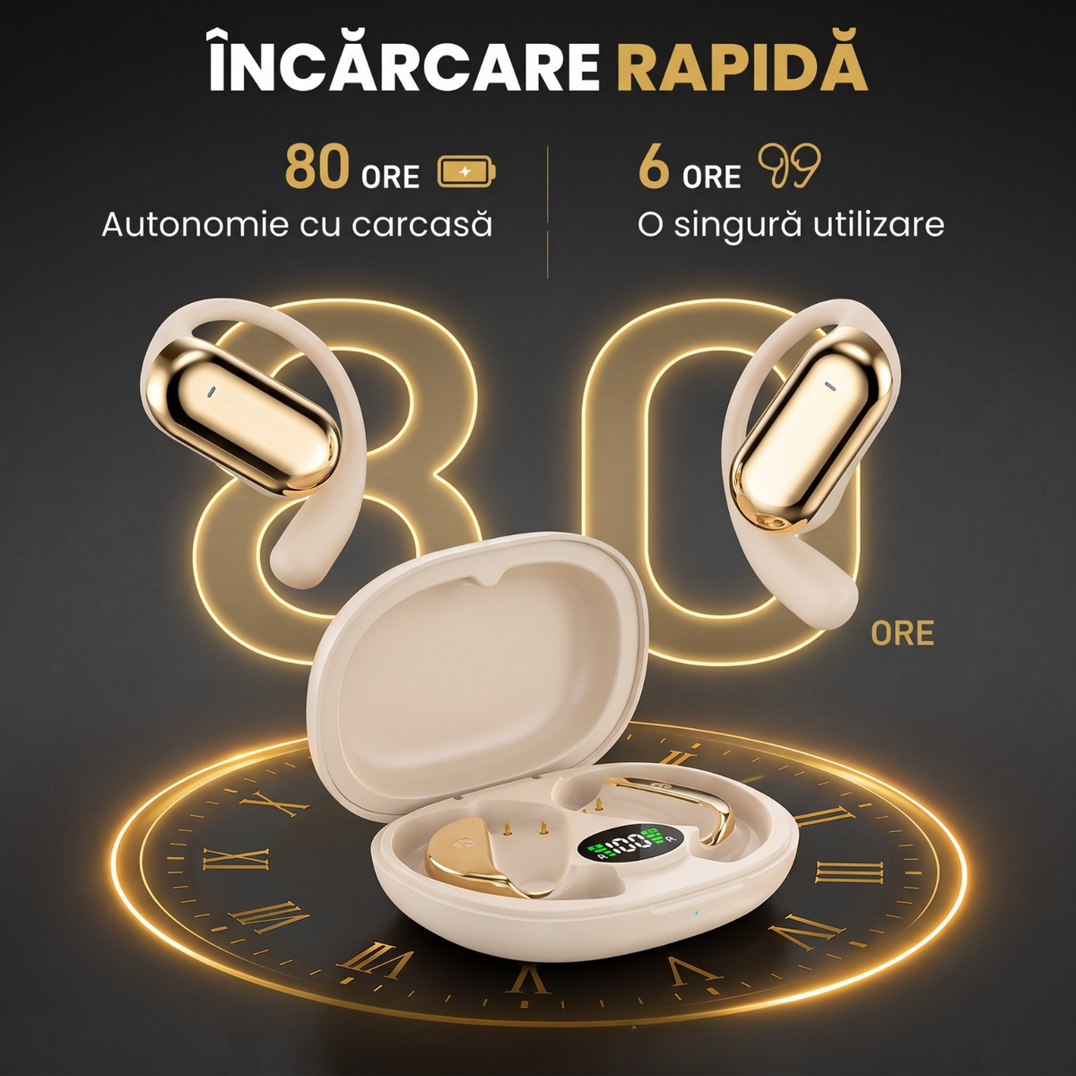 Căști open-ear cu traducere AI în 144 de limbi, display LED, Kaki