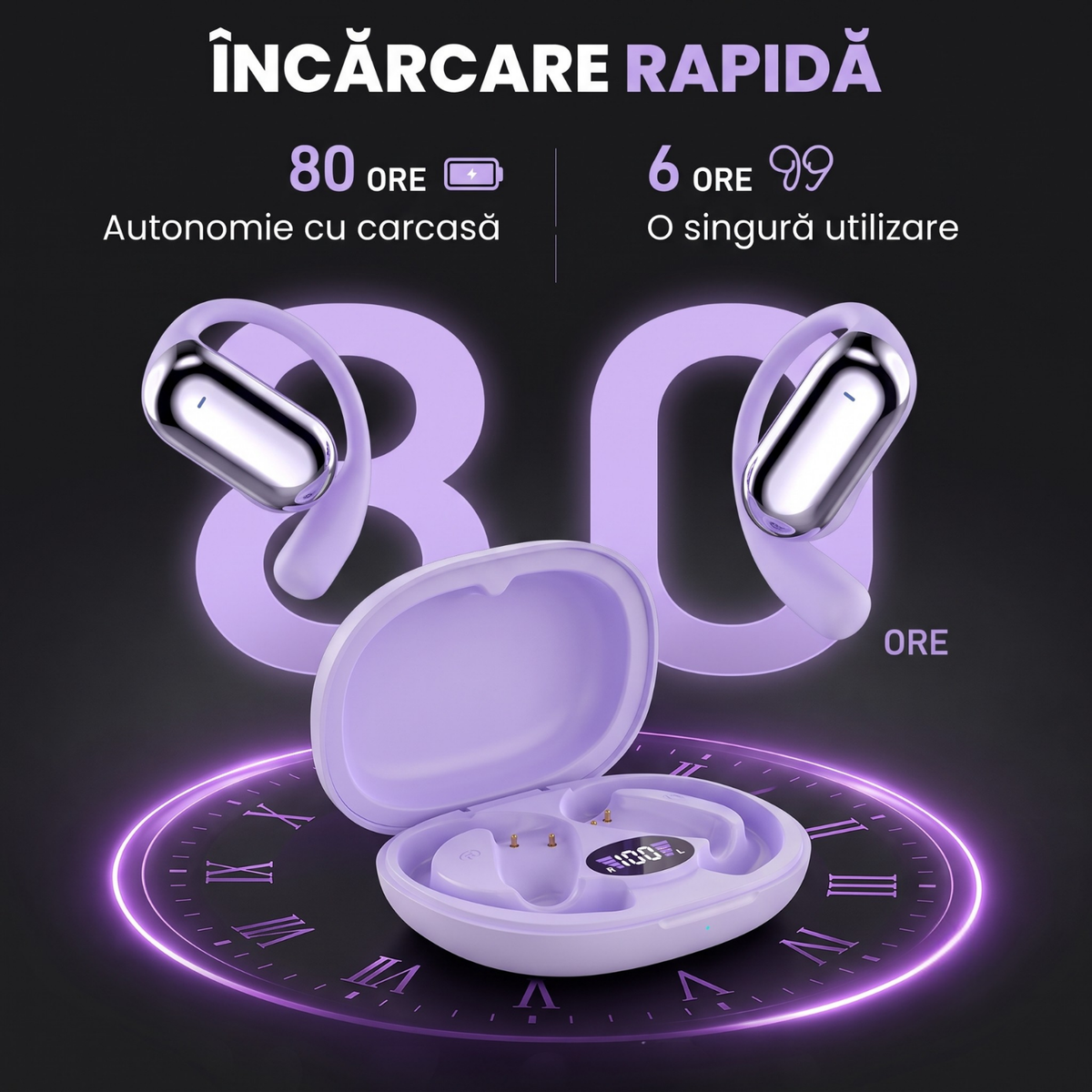 Căști open-ear cu traducere AI în 144 de limbi, display LED, Mov
