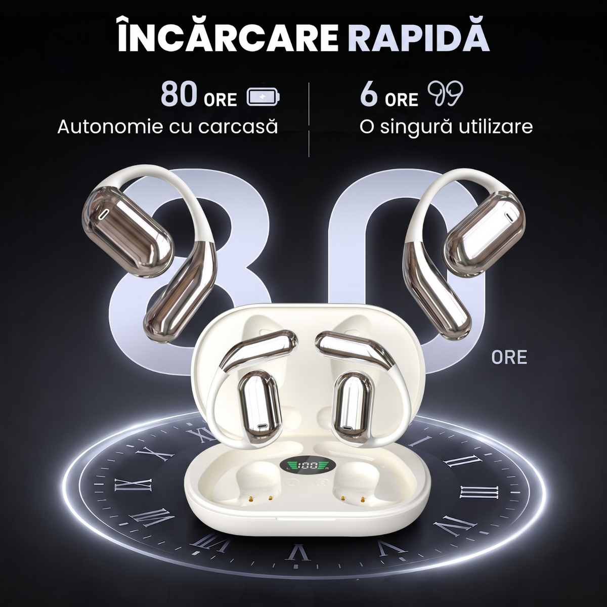 Căști open-ear cu traducere AI în 144 de limbi, display LED, Bej