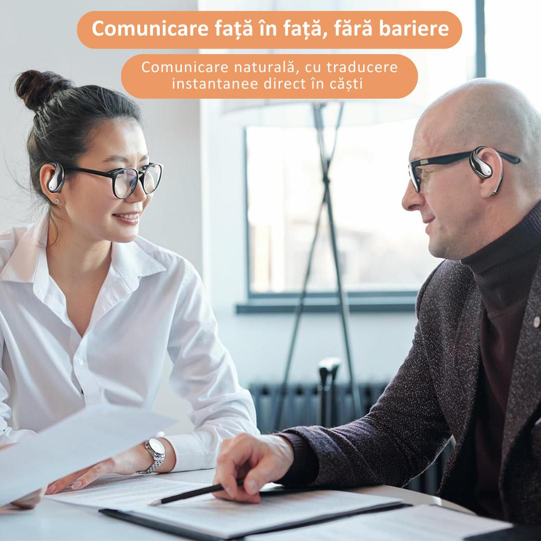 Casti wireless open-ear, traducere AI in timp real, 144 limbi, afisaj digital.  Bej/Negru