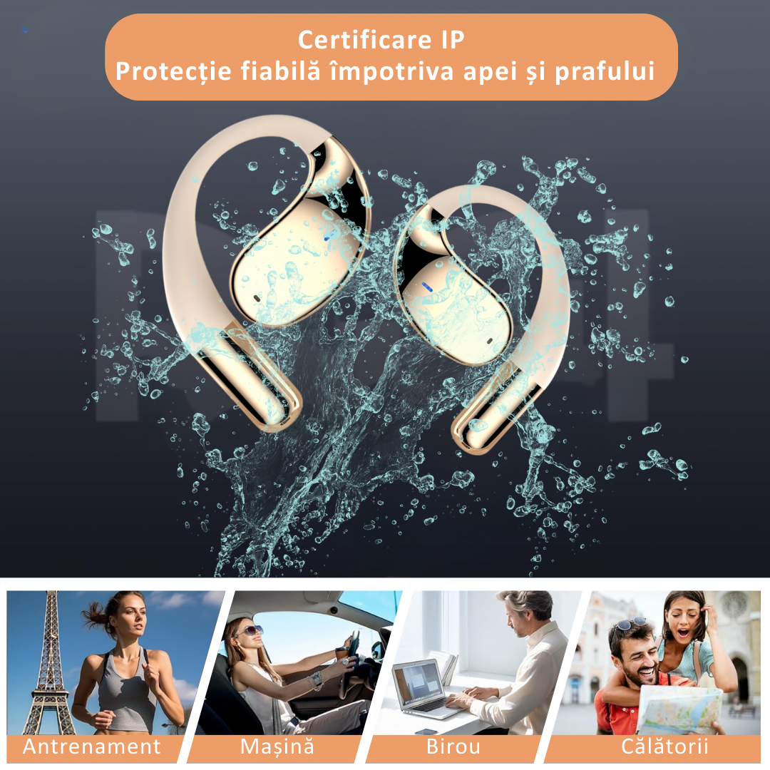 Casti wireless open-ear, traducere AI in timp real, 144 limbi, afisaj digital.  Bej/Negru