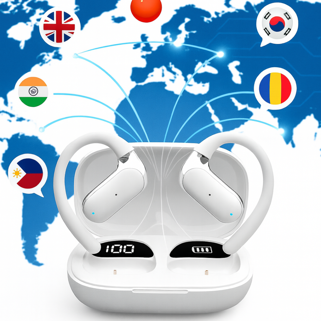 Căști wireless cu traducere AI în 144 de limbi, carcasă LED, Alb