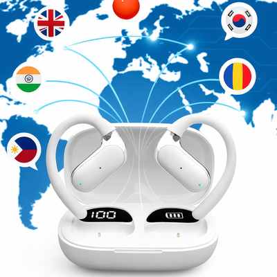 Căști wireless cu traducere AI în 144 de limbi, carcasă LED, Alb