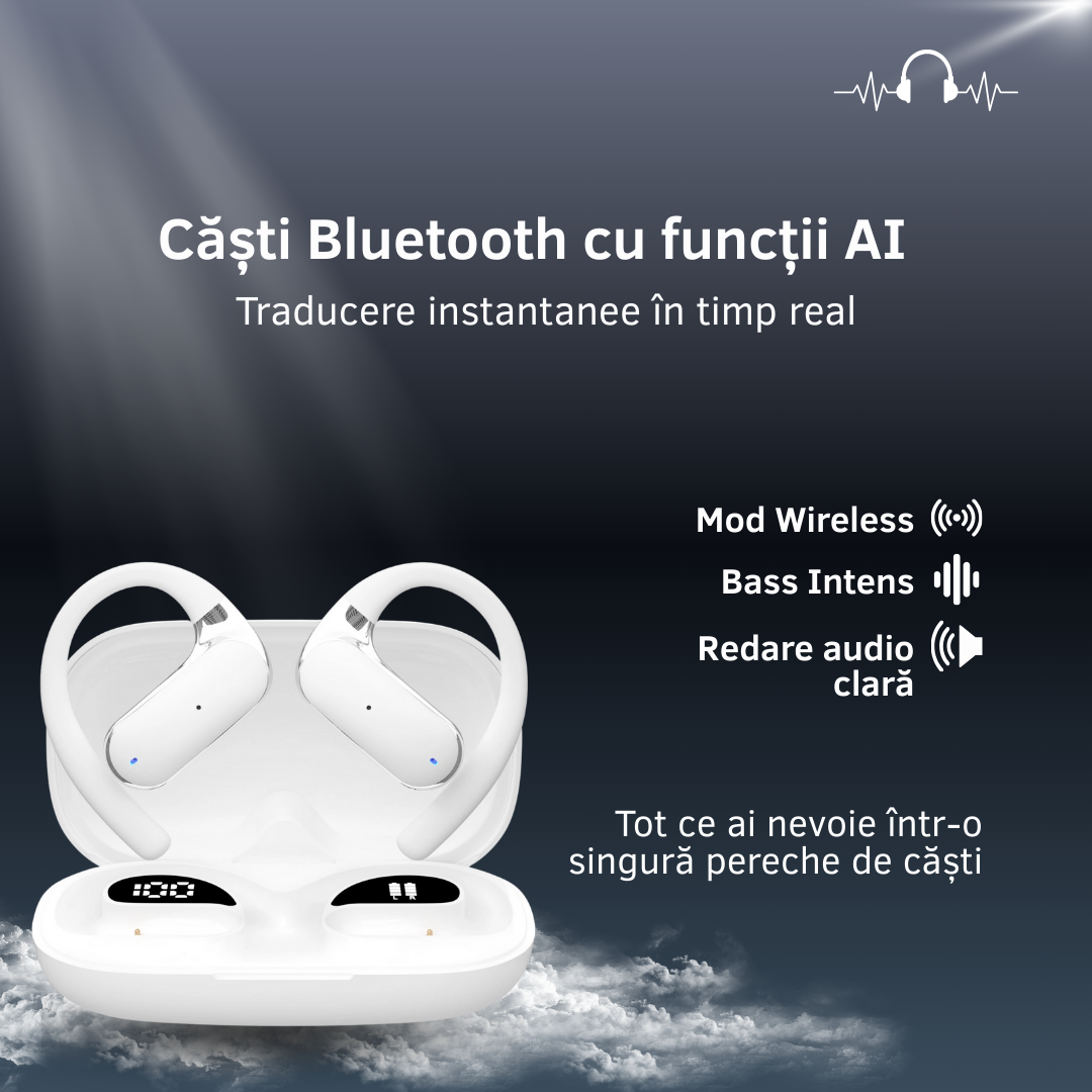Căști wireless cu traducere AI în 144 de limbi, carcasă LED, Alb