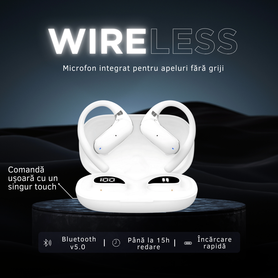 Căști wireless cu traducere AI în 144 de limbi, carcasă LED, Alb