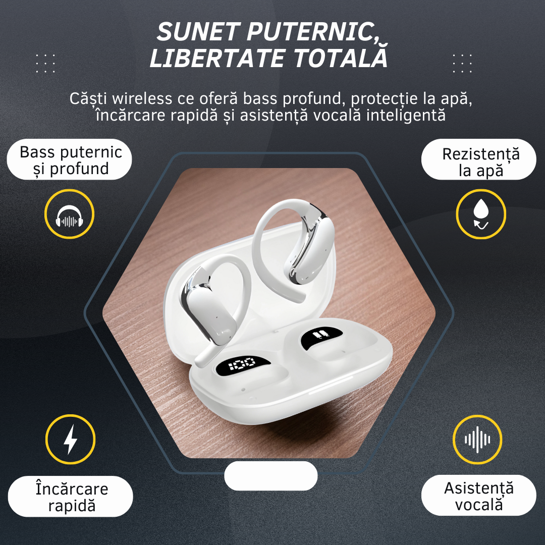 Căști wireless cu traducere AI în 144 de limbi, carcasă LED, Alb