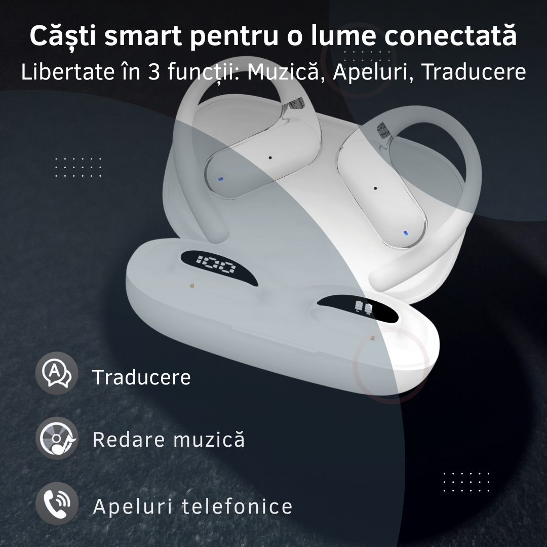 Căști wireless cu traducere AI în 144 de limbi, carcasă LED, Alb