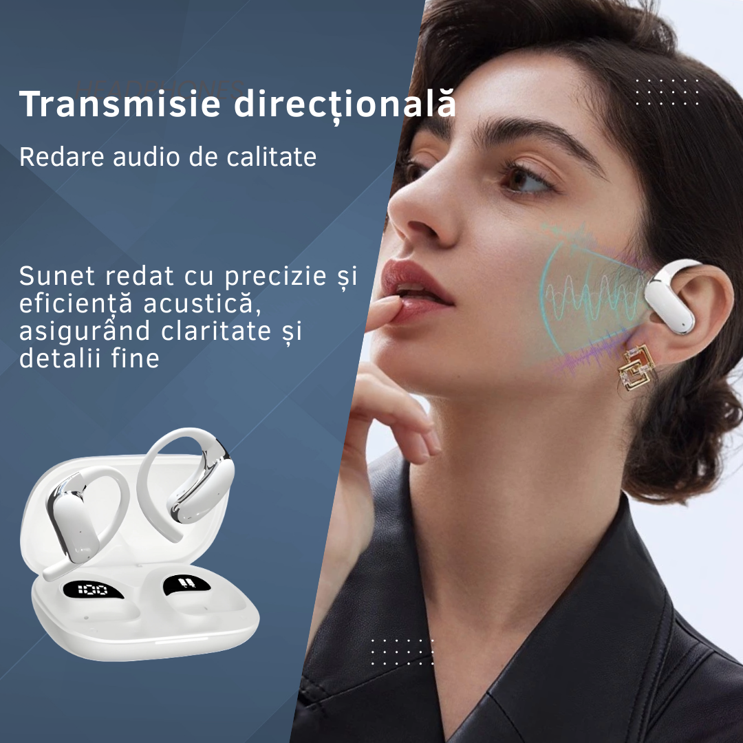 Căști wireless cu traducere AI în 144 de limbi, carcasă LED, Alb