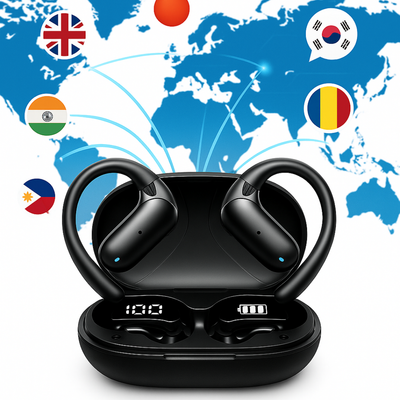 Căști wireless cu traducere AI în 144 de limbi, carcasă LED, Negru
