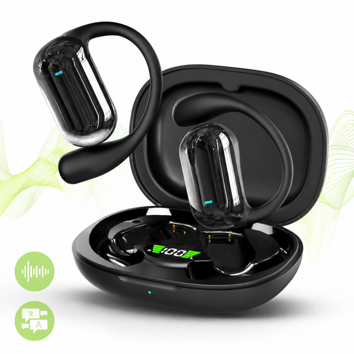 Căști open-ear cu traducere AI în 144 de limbi, display LED, Negru