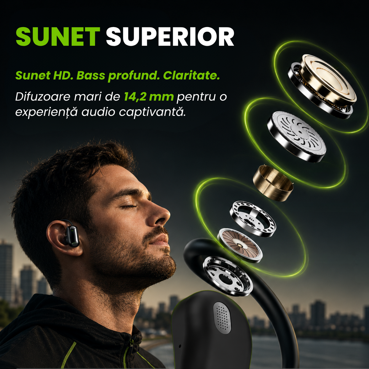 Căști open-ear cu traducere AI în 144 de limbi, display LED, Negru
