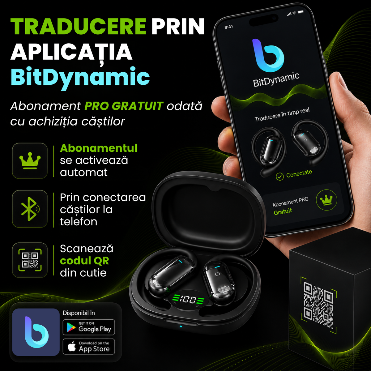 Căști open-ear cu traducere AI în 144 de limbi, display LED, Negru
