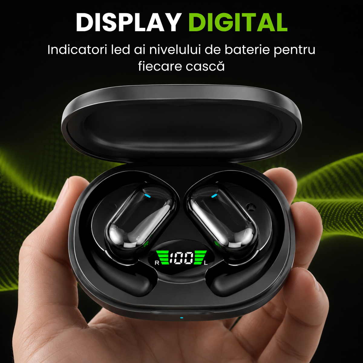 Căști open-ear cu traducere AI în 144 de limbi, display LED, Negru