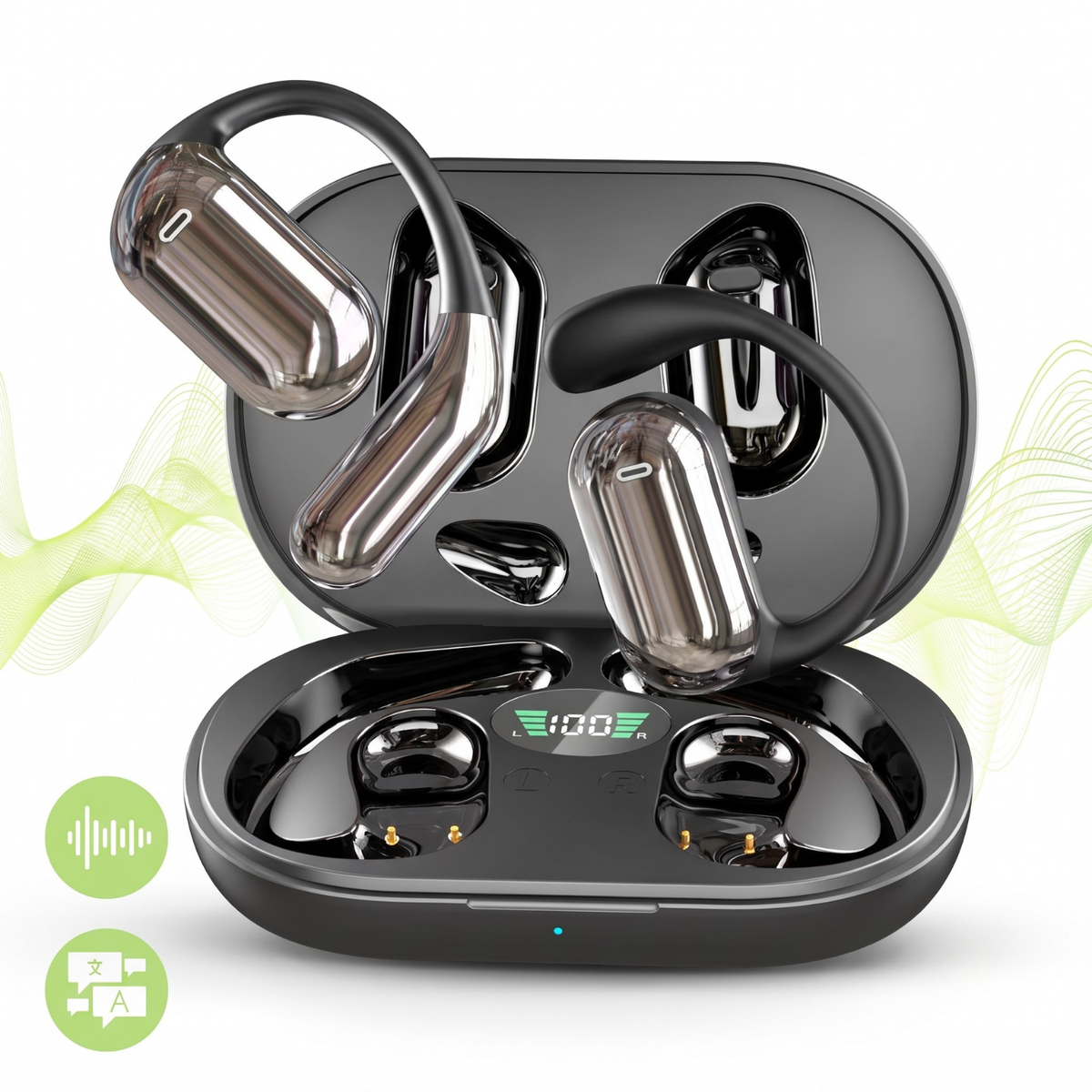 Căști open-ear cu traducere AI în 144 de limbi, display LED, Negru-gri