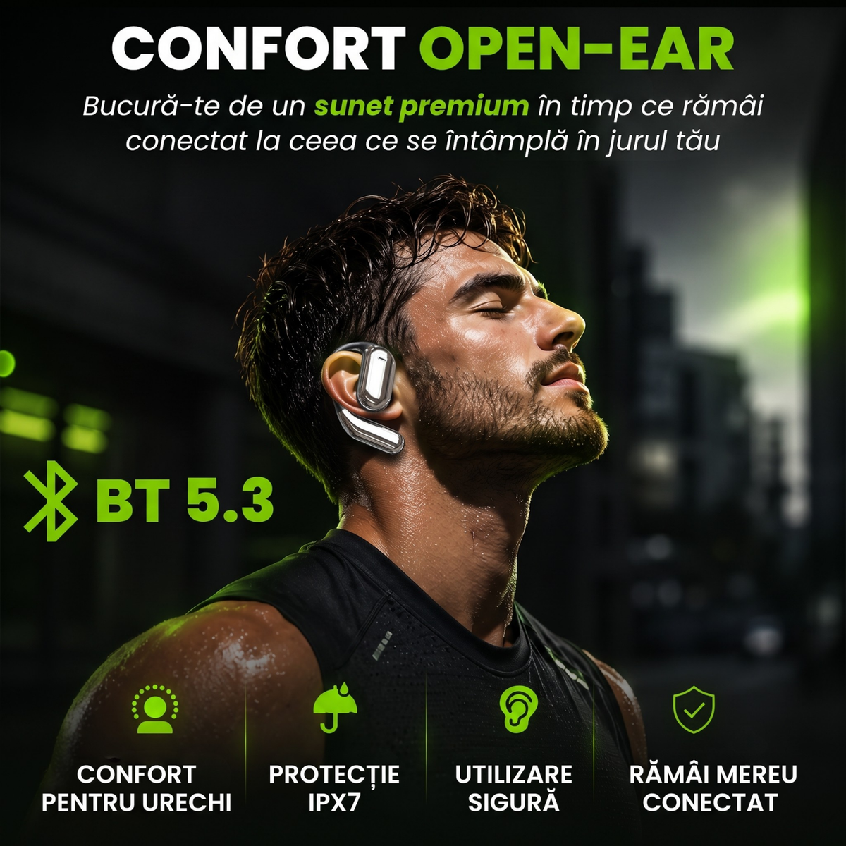 Căști open-ear cu traducere AI în 144 de limbi, display LED, Negru-gri