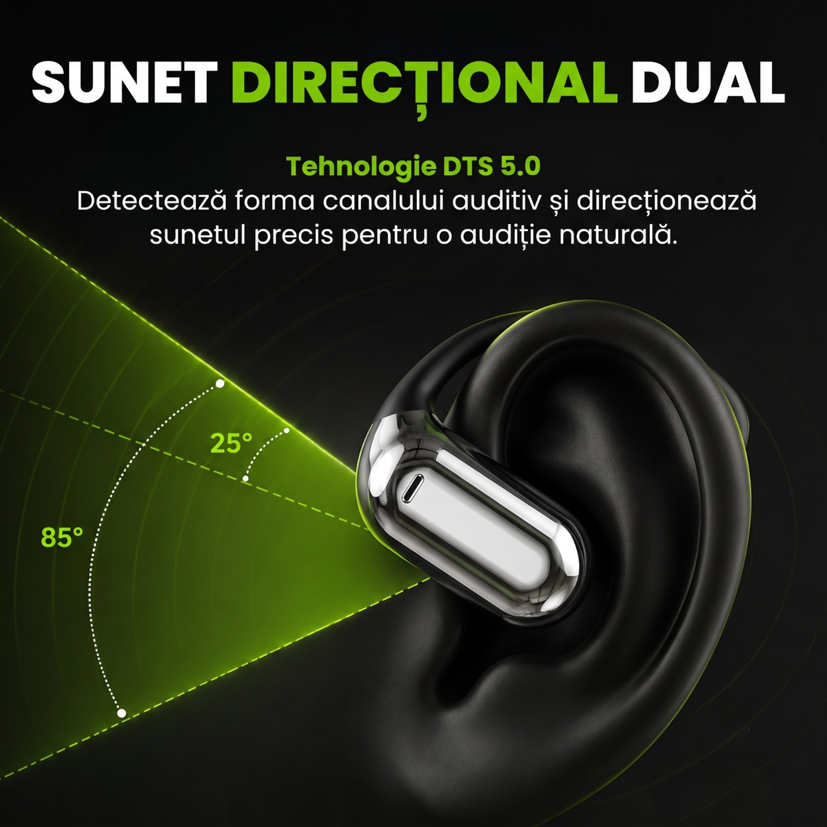 Căști open-ear cu traducere AI în 144 de limbi, display LED, Negru-gri