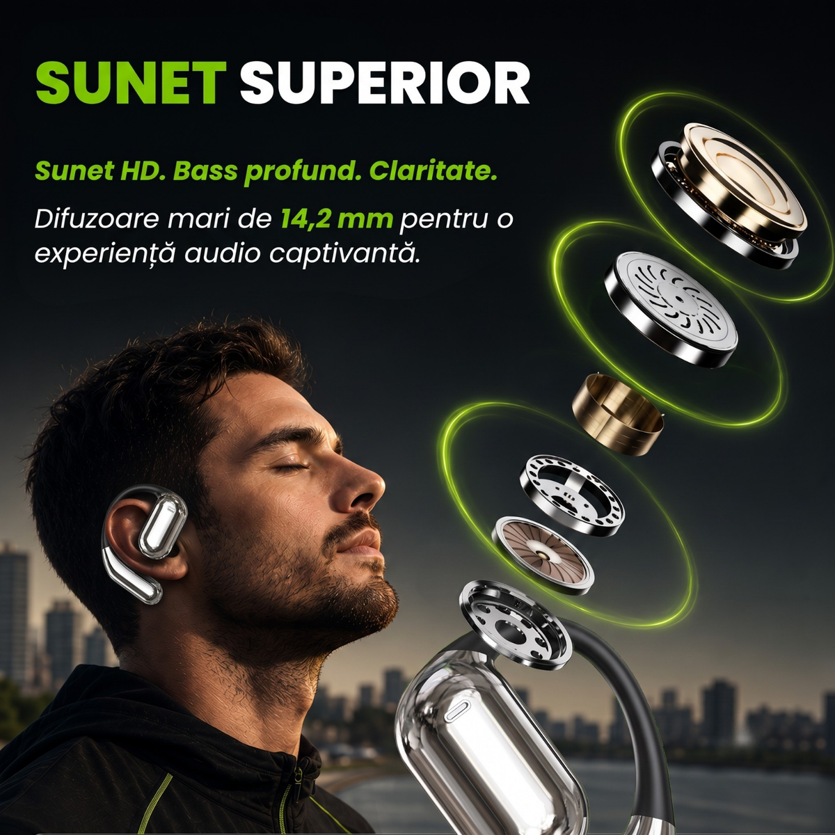 Căști open-ear cu traducere AI în 144 de limbi, display LED, Negru-gri