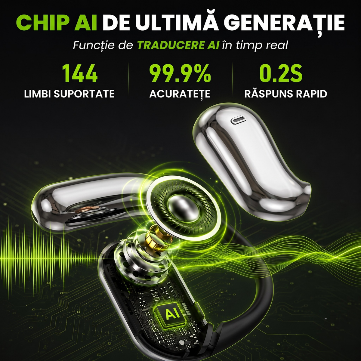 Căști open-ear cu traducere AI în 144 de limbi, display LED, Negru-gri