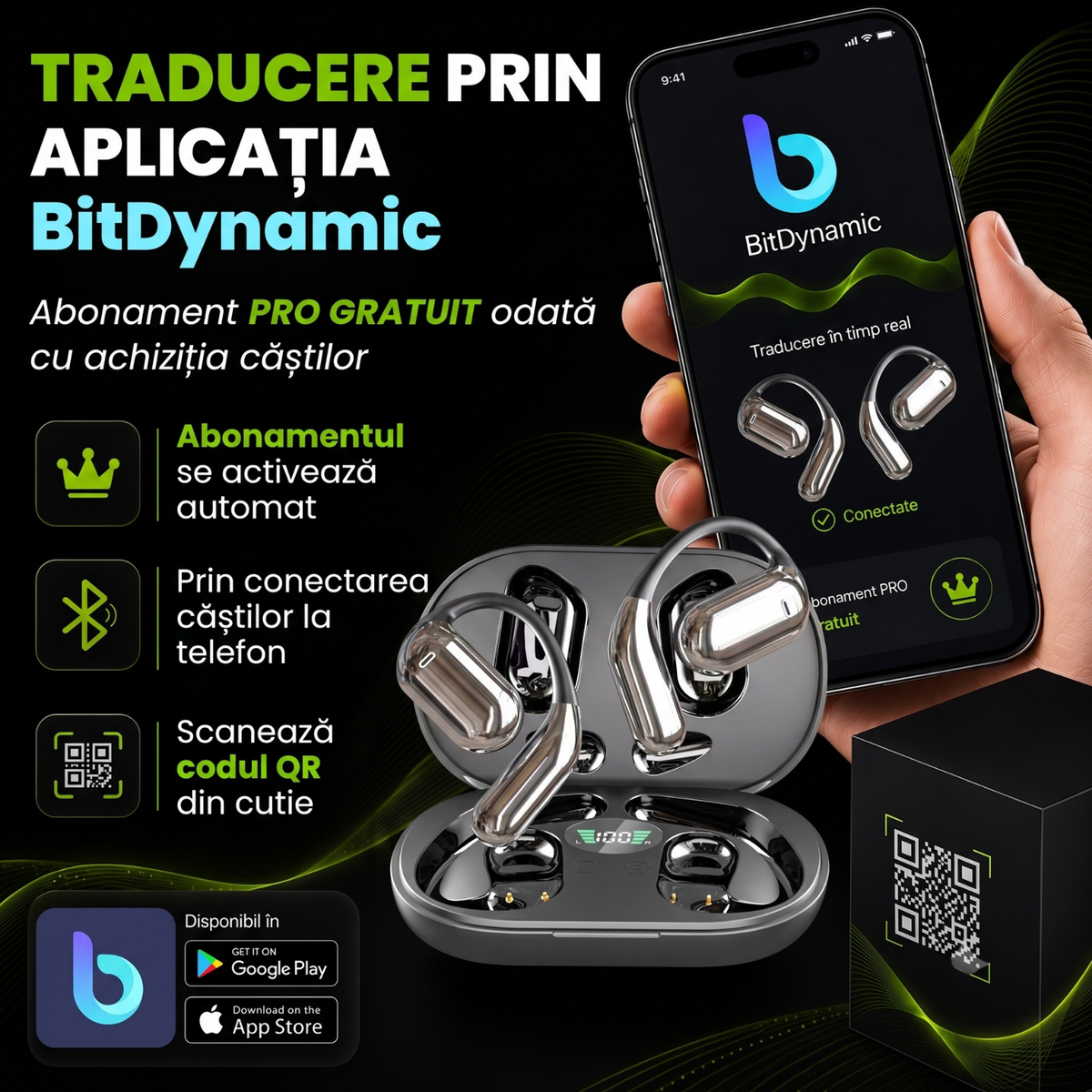 Căști open-ear cu traducere AI în 144 de limbi, display LED, Negru-gri