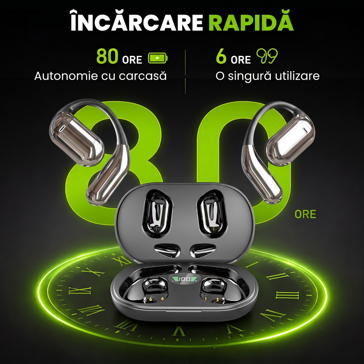 Căști open-ear cu traducere AI în 144 de limbi, display LED, Negru-gri