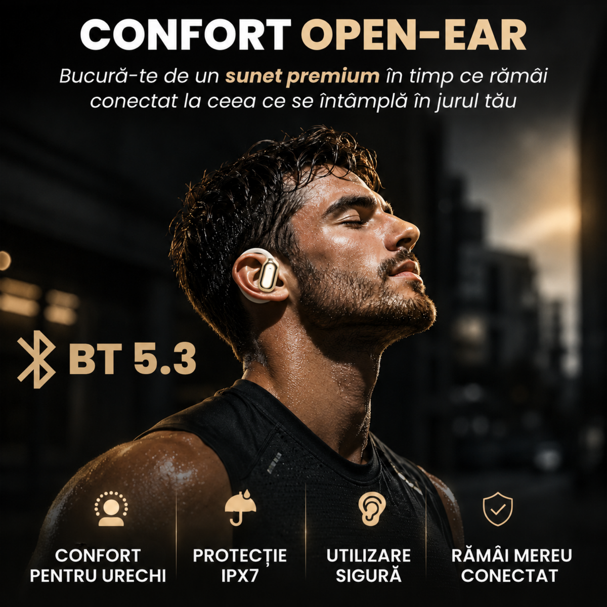 Căști open-ear cu traducere AI în 144 de limbi, display LED, Kaki