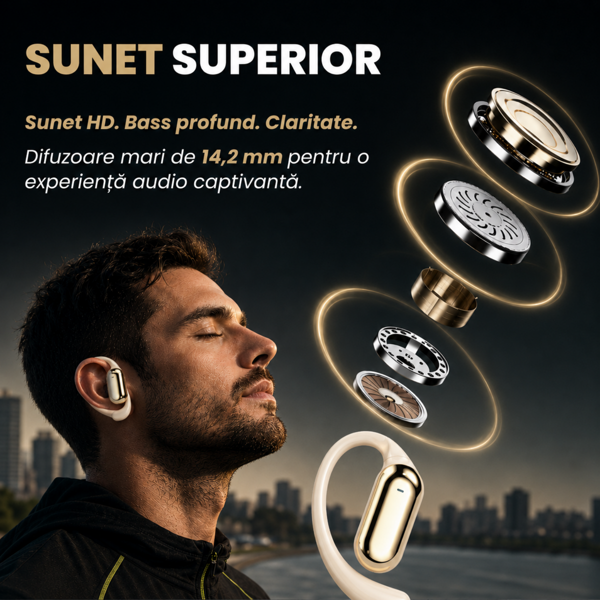 Căști open-ear cu traducere AI în 144 de limbi, display LED, Kaki