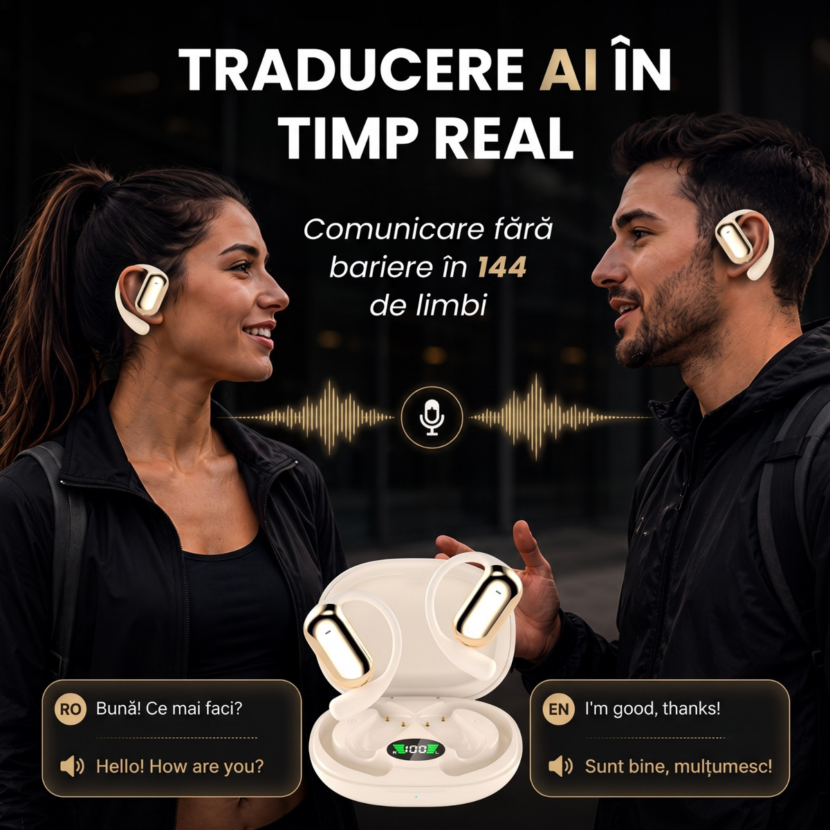 Căști open-ear cu traducere AI în 144 de limbi, display LED, Kaki