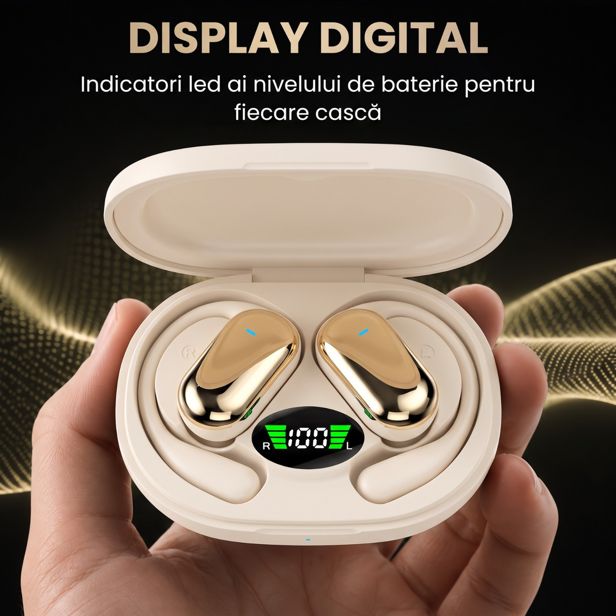 Căști open-ear cu traducere AI în 144 de limbi, display LED, Kaki