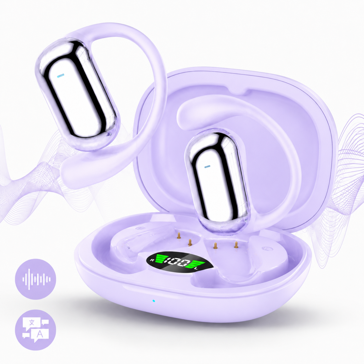 Căști open-ear cu traducere AI în 144 de limbi, display LED, Mov