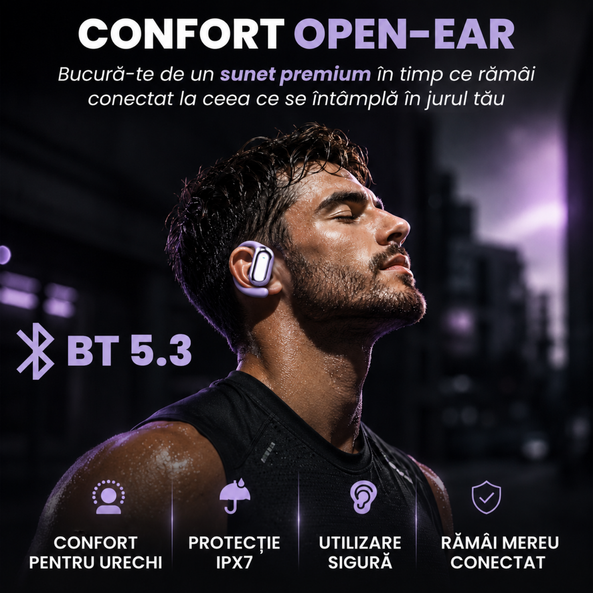 Căști open-ear cu traducere AI în 144 de limbi, display LED, Mov