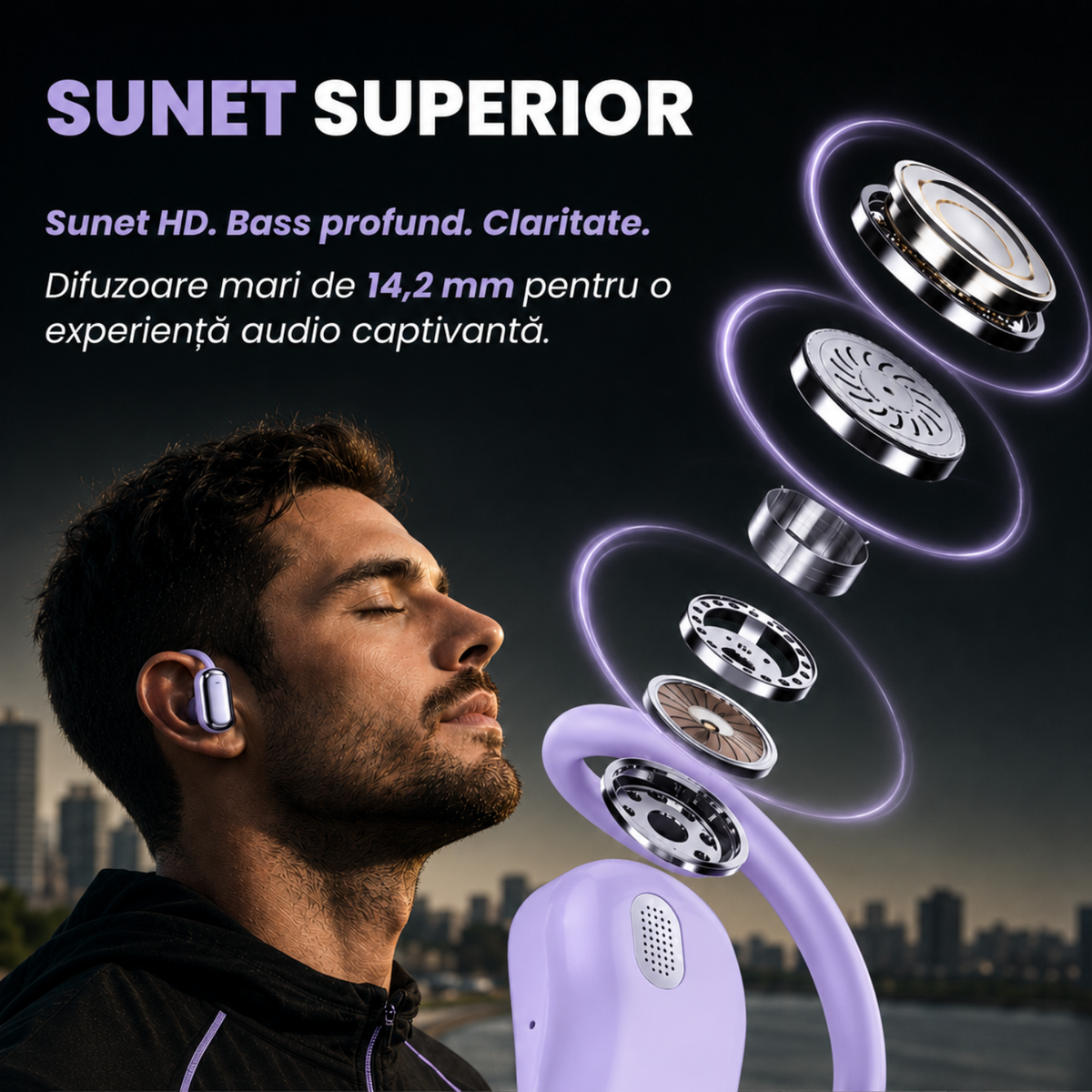 Căști open-ear cu traducere AI în 144 de limbi, display LED, Mov