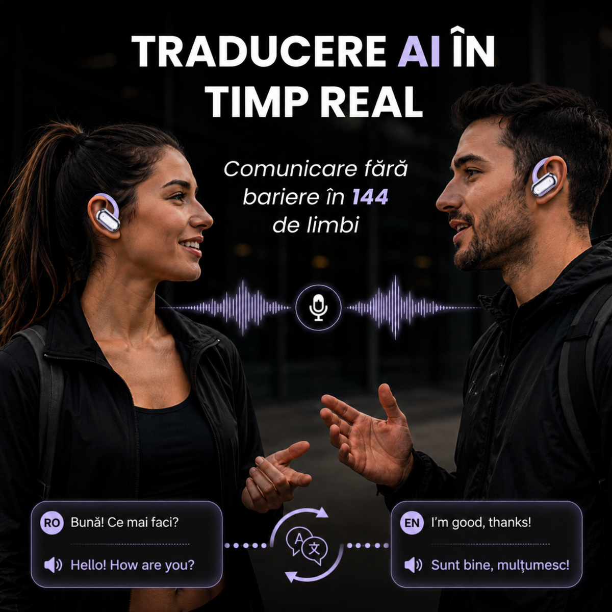 Căști open-ear cu traducere AI în 144 de limbi, display LED, Mov