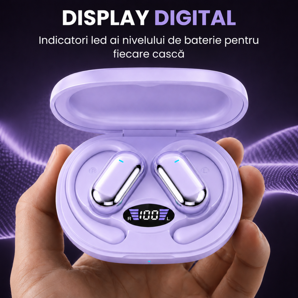 Căști open-ear cu traducere AI în 144 de limbi, display LED, Mov