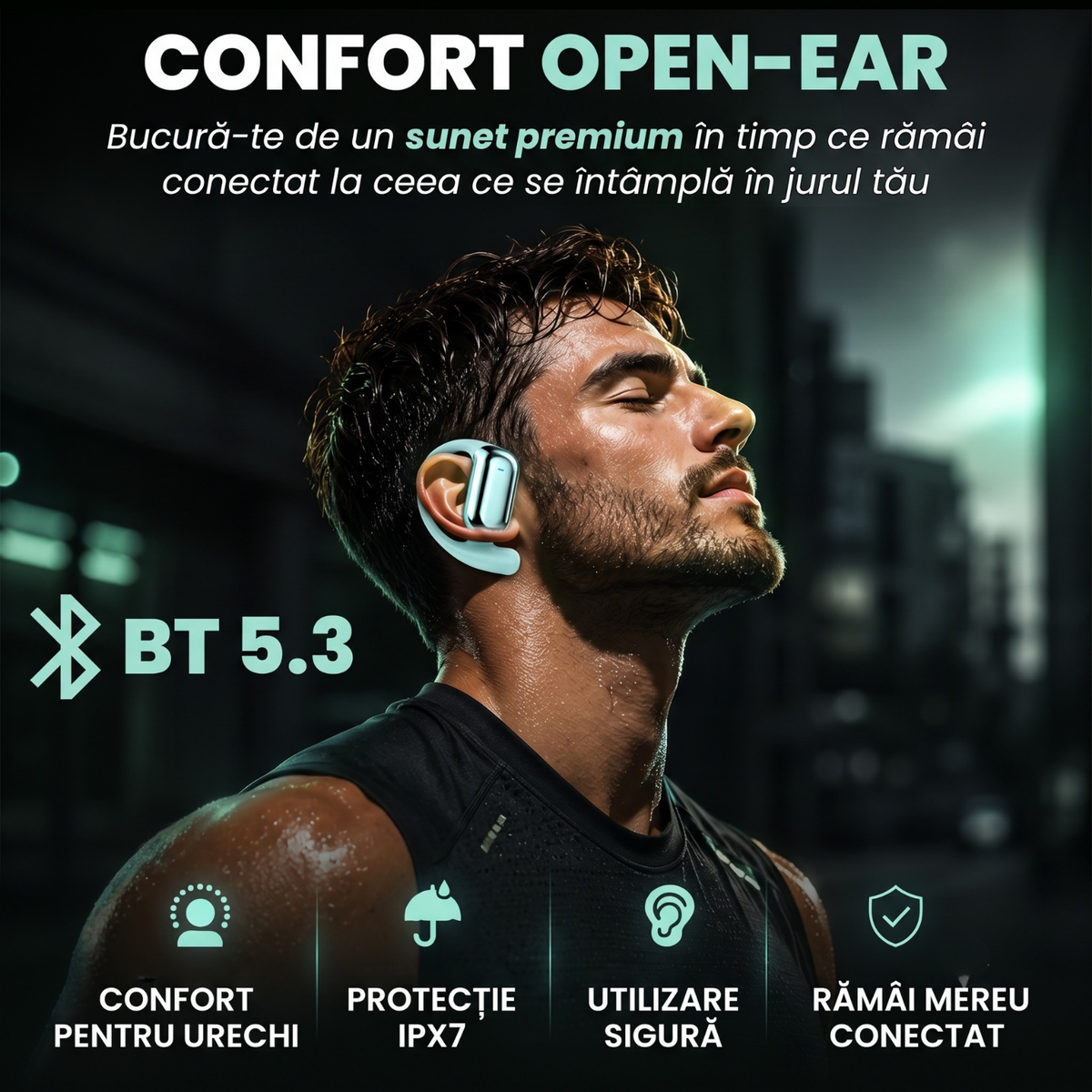 Căști open-ear cu traducere AI în 144 de limbi, display LED, Albastru