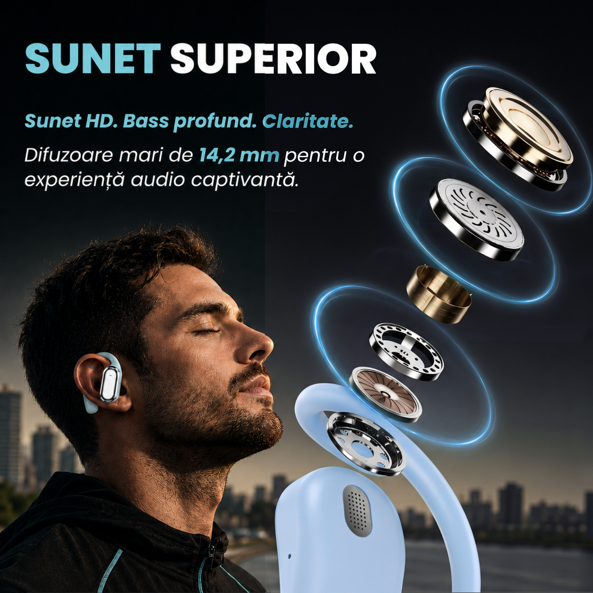 Căști open-ear cu traducere AI în 144 de limbi, display LED, Albastru