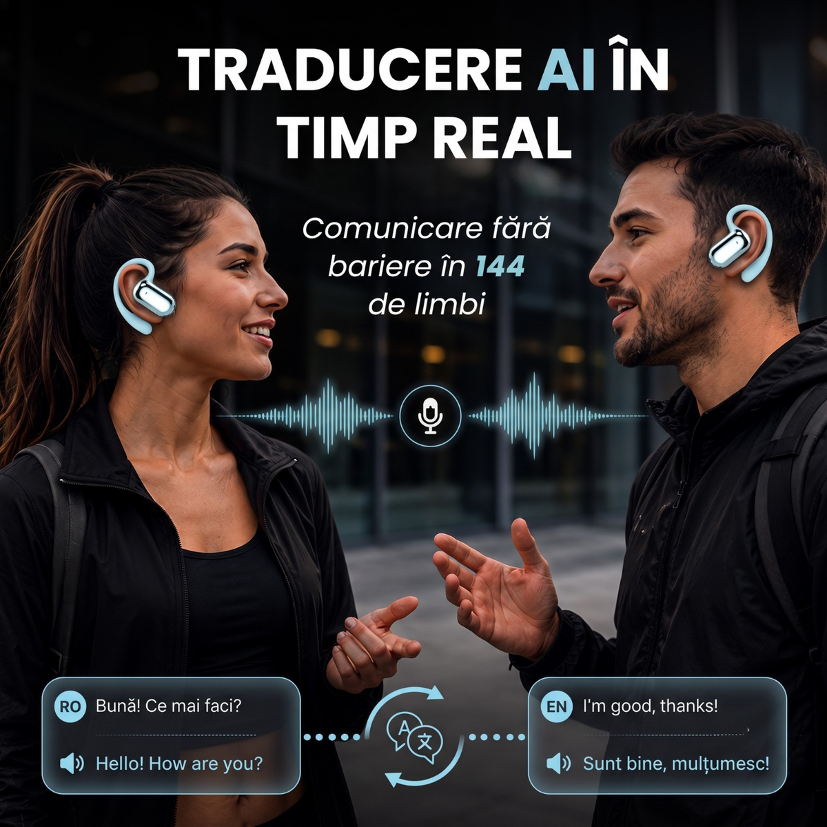 Căști open-ear cu traducere AI în 144 de limbi, display LED, Albastru