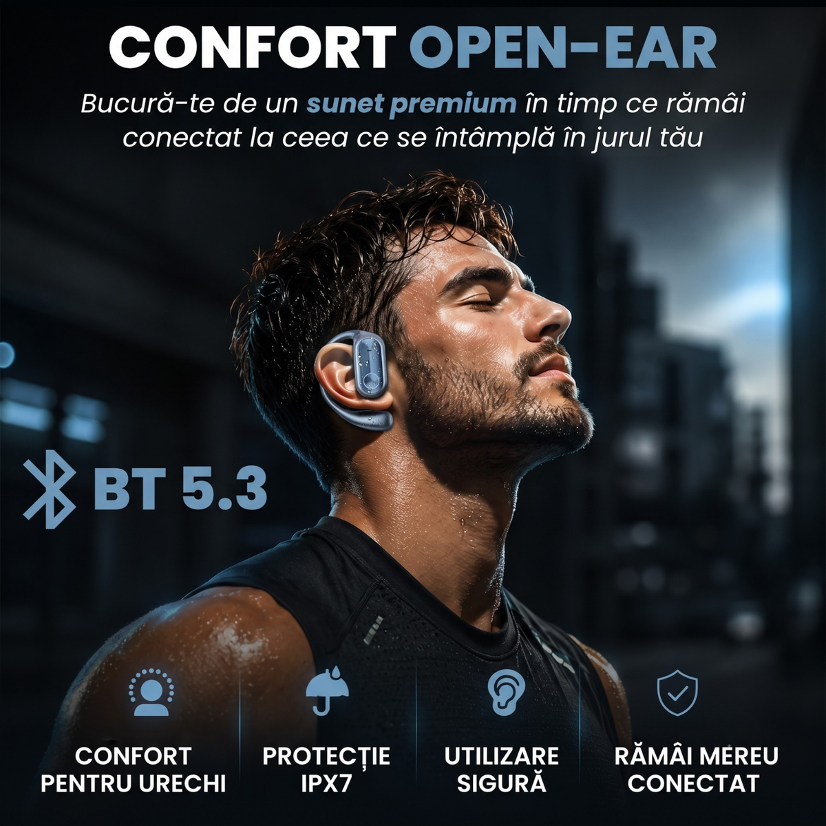Căști open-ear cu traducere AI în 144 de limbi, display LED, Albastru safir