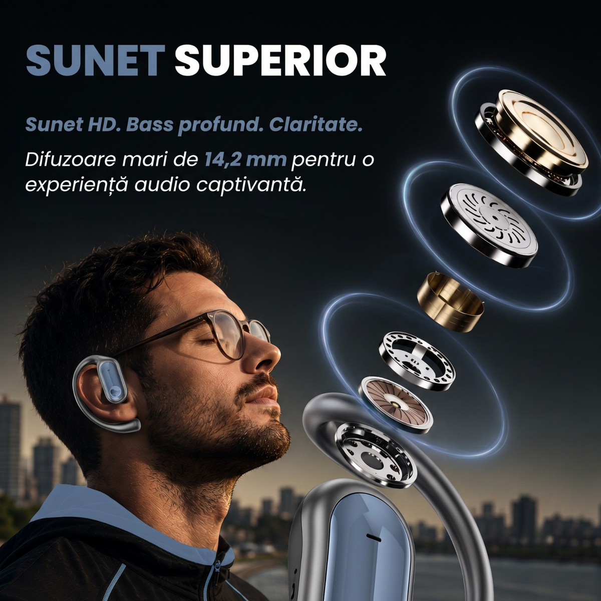Căști open-ear cu traducere AI în 144 de limbi, display LED, Albastru safir