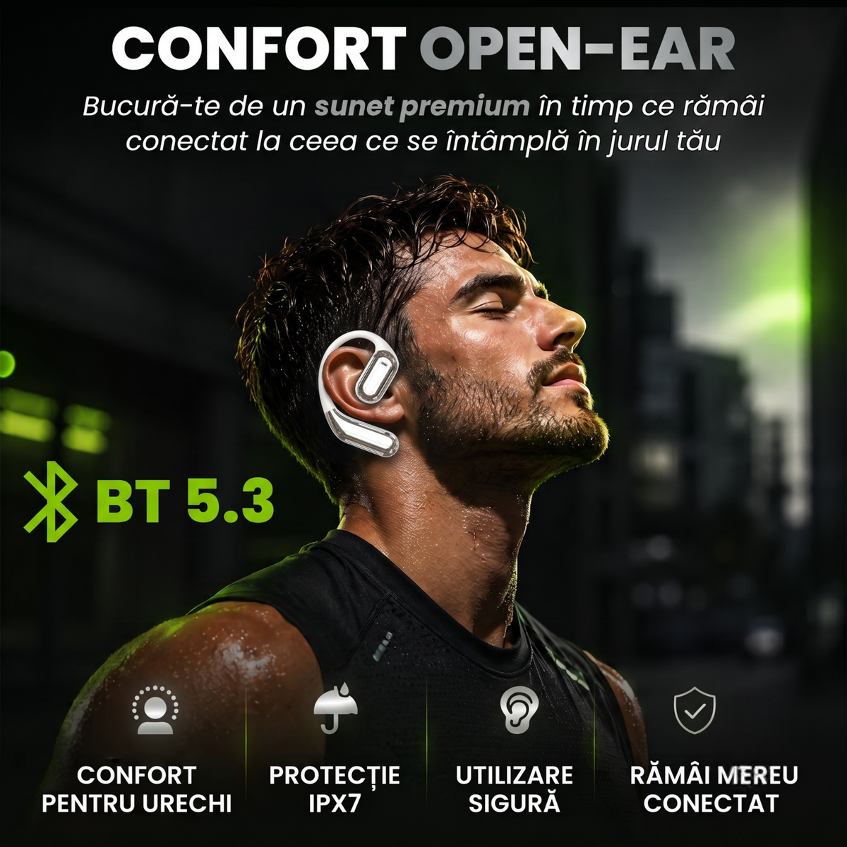 Căști open-ear cu traducere AI în 144 de limbi, display LED, Bej