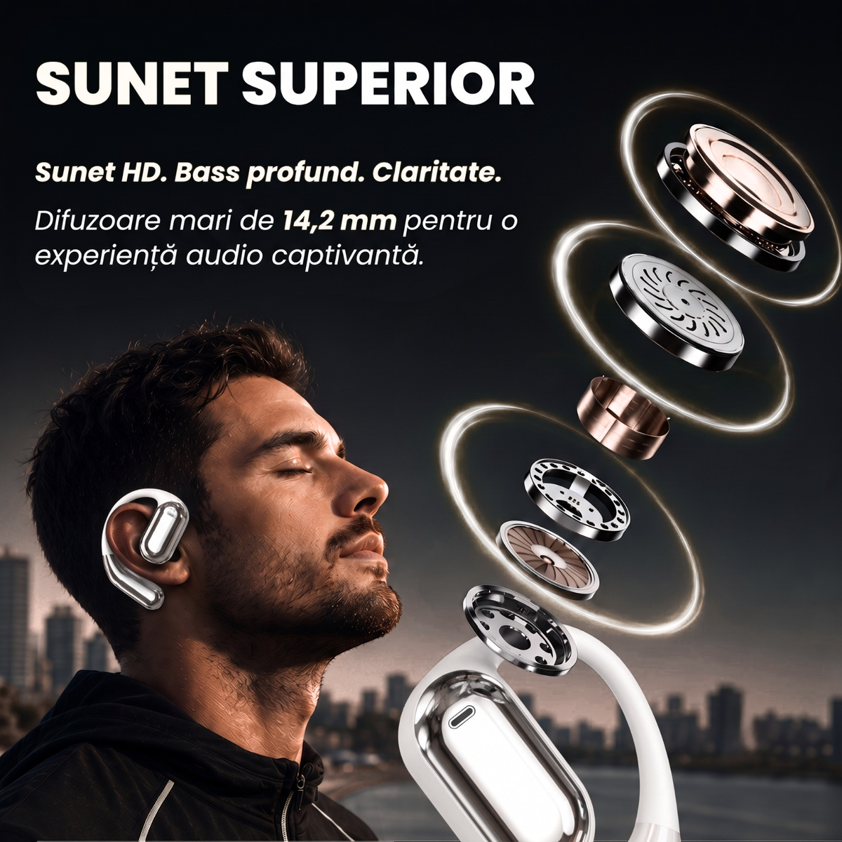 Căști open-ear cu traducere AI în 144 de limbi, display LED, Bej