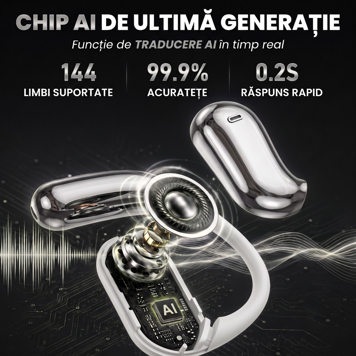 Căști open-ear cu traducere AI în 144 de limbi, display LED, Bej