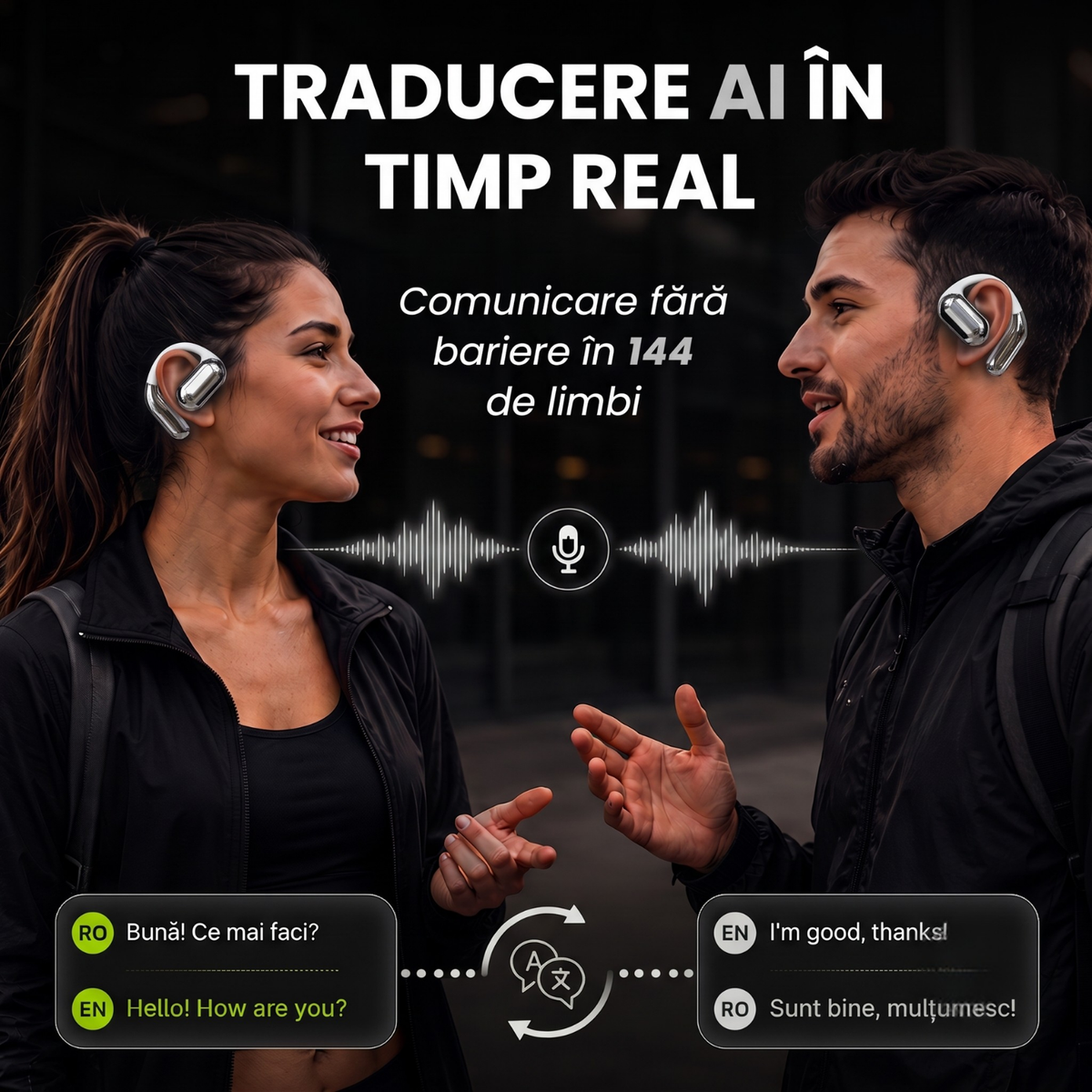 Căști open-ear cu traducere AI în 144 de limbi, display LED, Bej