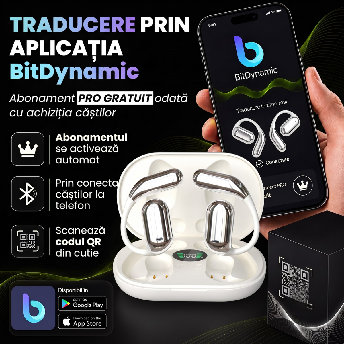Căști open-ear cu traducere AI în 144 de limbi, display LED, Bej