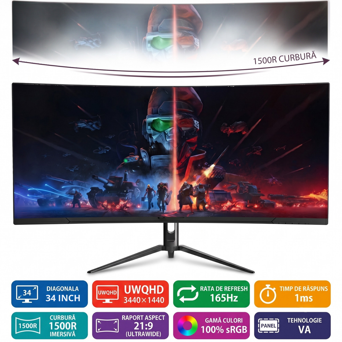 Monitor gaming curbat ultrawide 34 inch UWQHD, 165 Hz