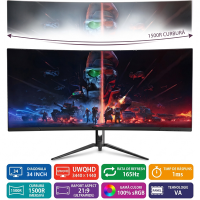 Monitor gaming curbat ultrawide 34 inch UWQHD, 165 Hz