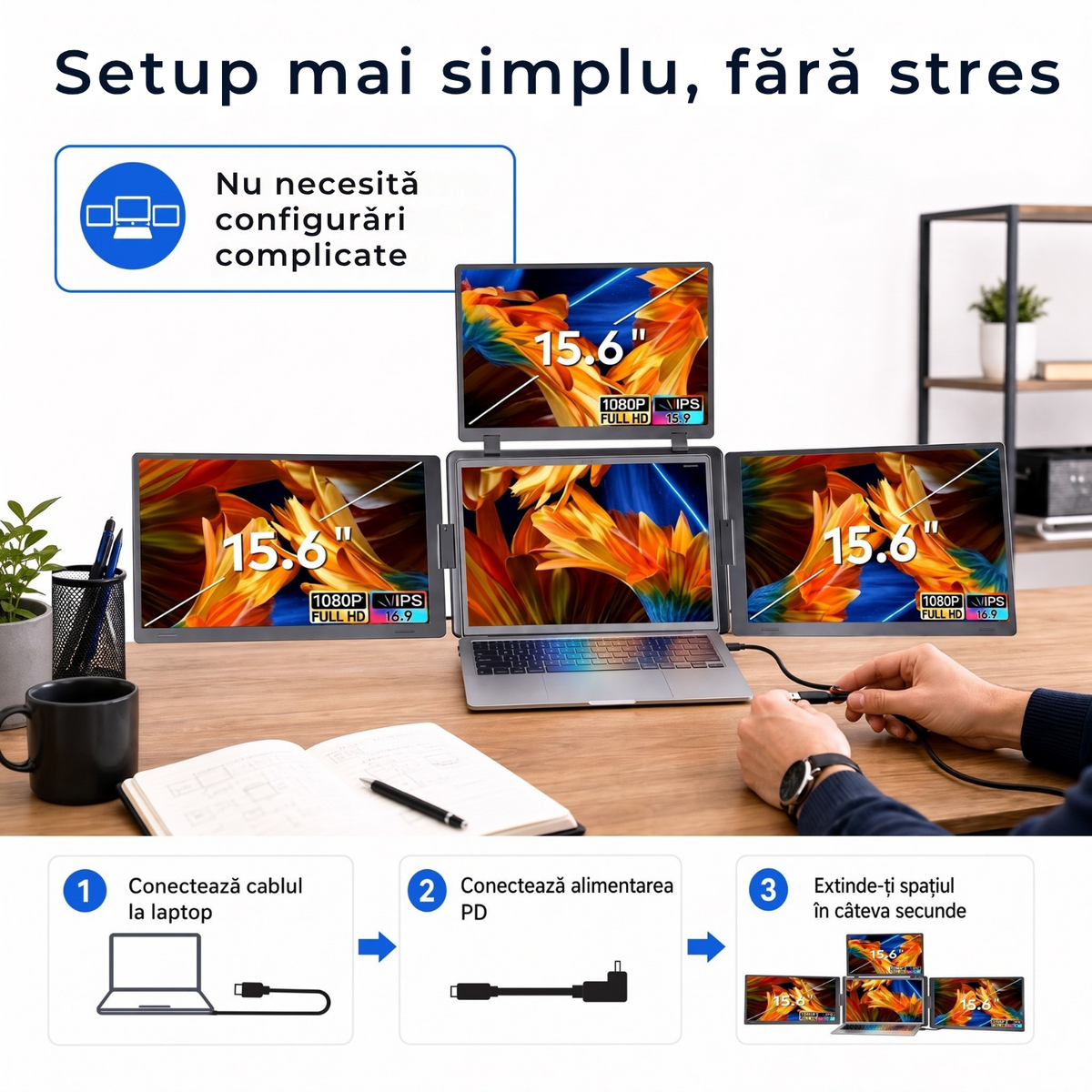 Extensie 3 ecrane laptop 3x15,6 inch, Full HD