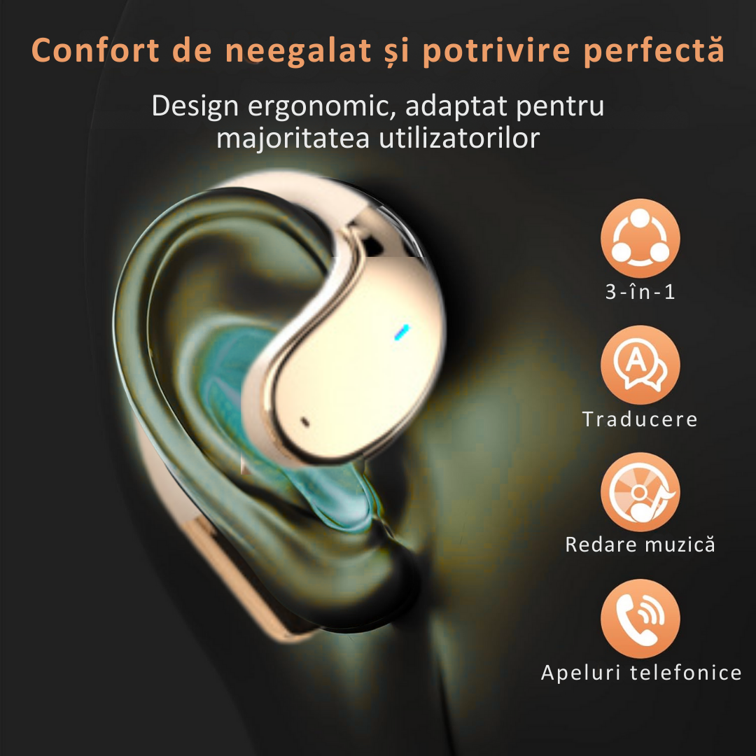 Casti wireless open-ear, traducere AI in timp real, 144 limbi, afisaj digital.  Bej/Negru