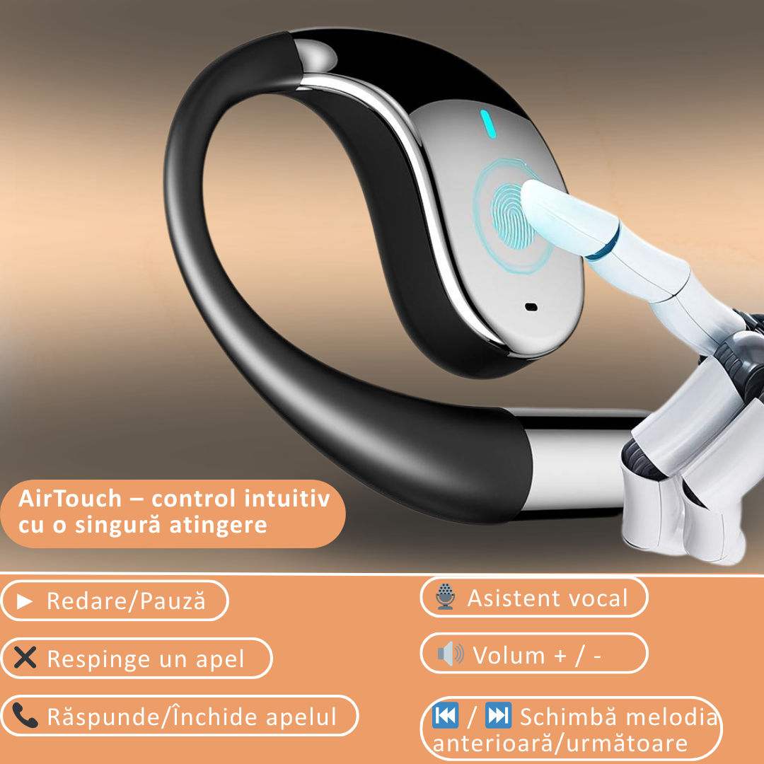 Casti wireless open-ear, traducere AI in timp real, 144 limbi, afisaj digital.  Bej/Negru