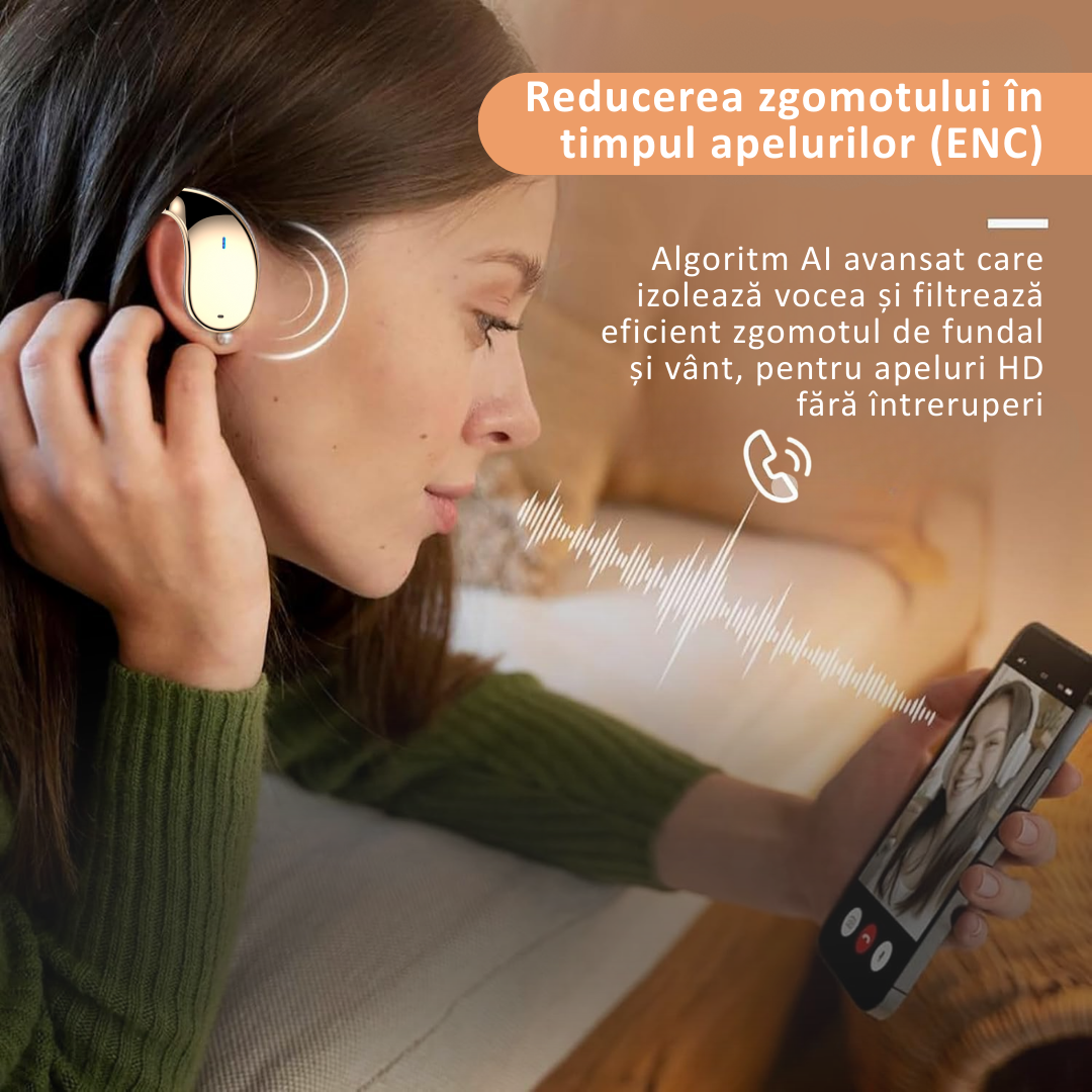 Casti wireless open-ear, traducere AI in timp real, 144 limbi, afisaj digital.  Bej/Negru